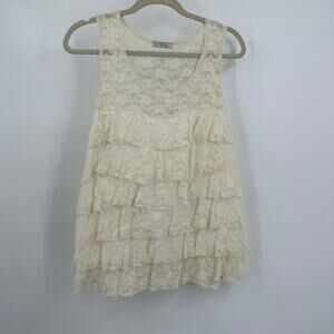 Womens Boho Pullover Top Size M Cream Lace Ruffles Feminine Fairy Festival